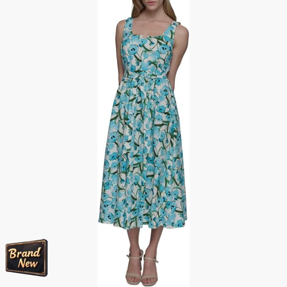 Sleeveless Square Neck Midi Dress with Tie Waist Linen Blend